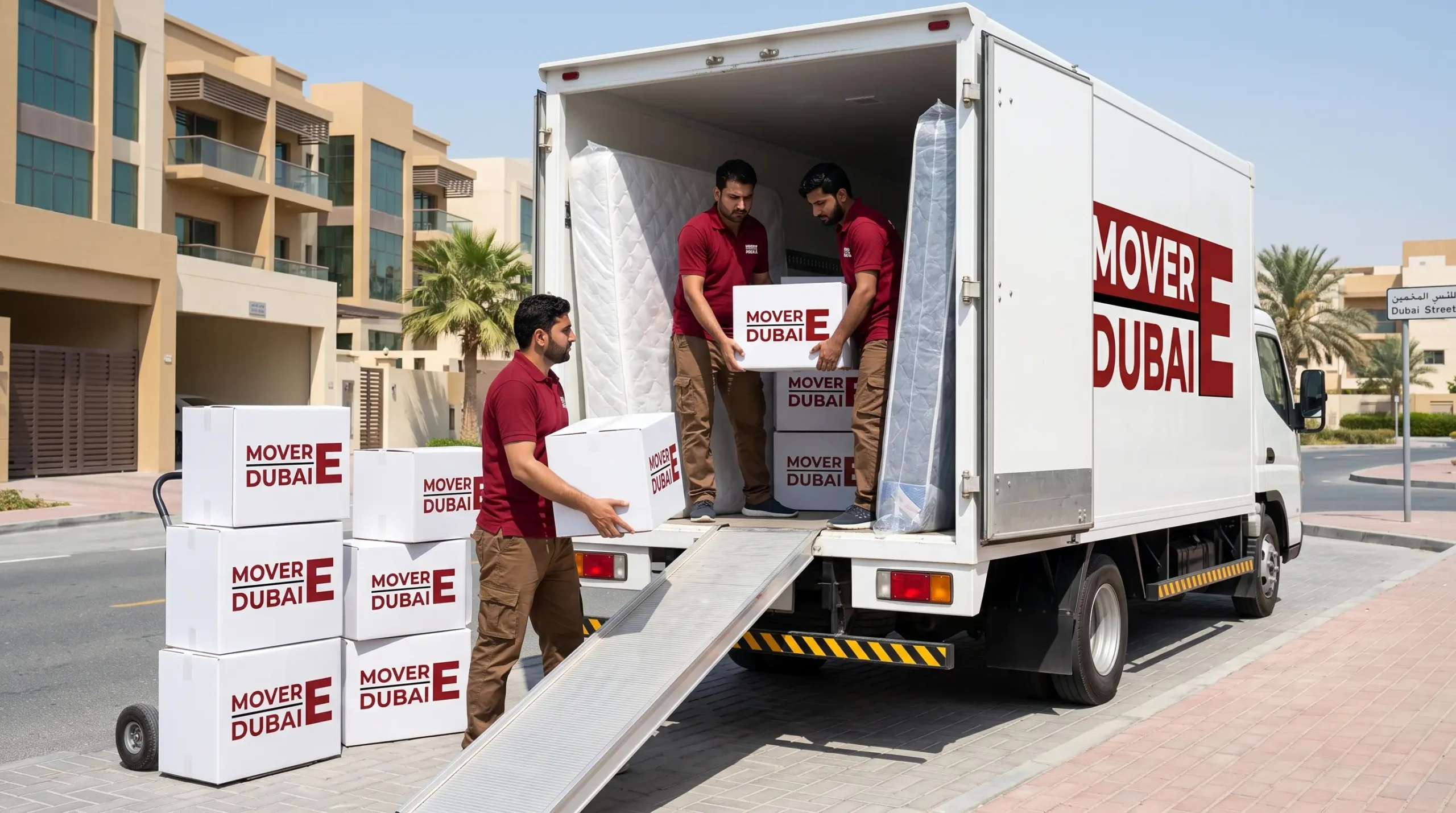 Moving crew loading villa furniture from a driveway in a Dubai gated community
