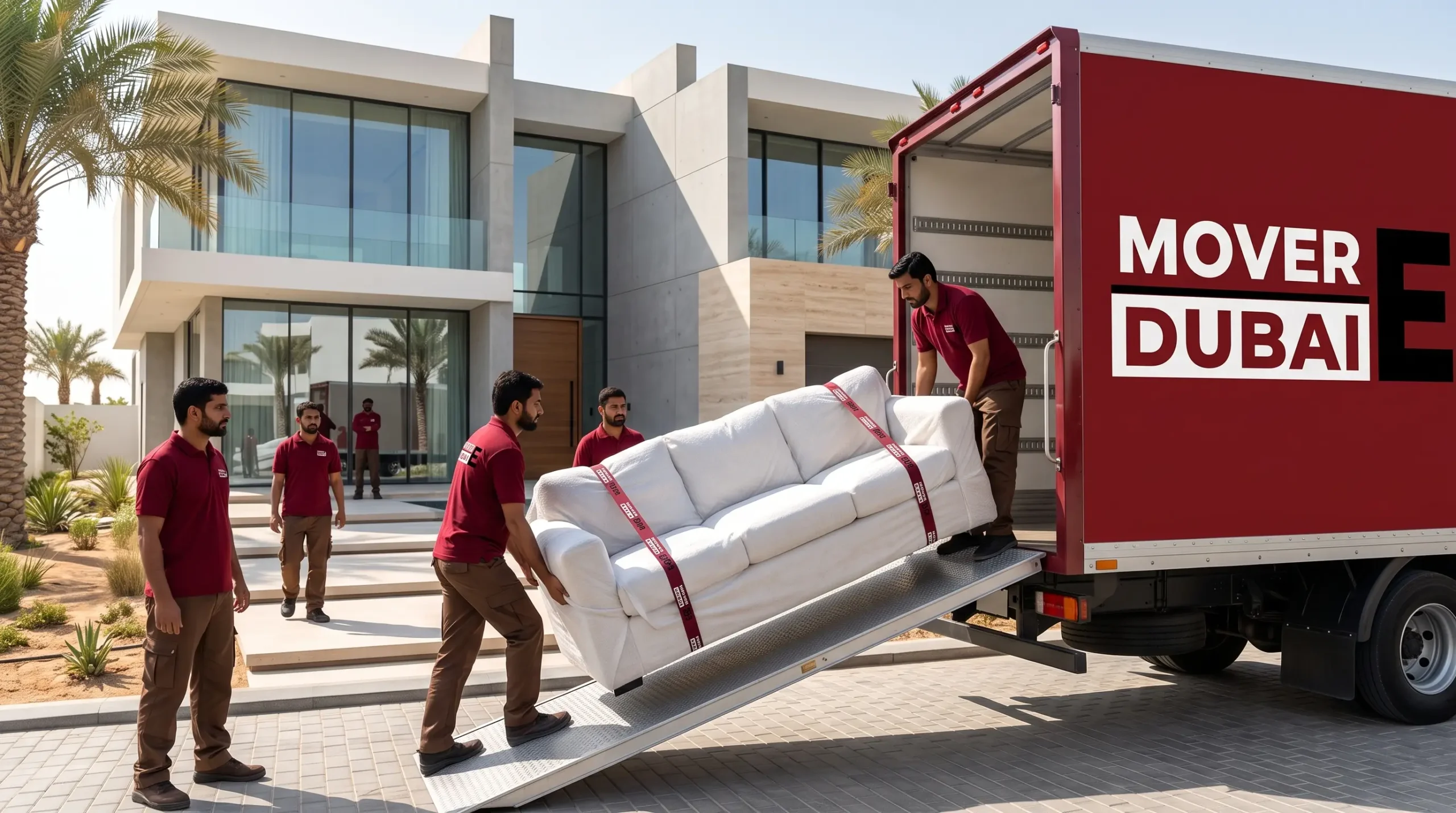 Two movers carrying a single wrapped sofa to a covered van in Dubai