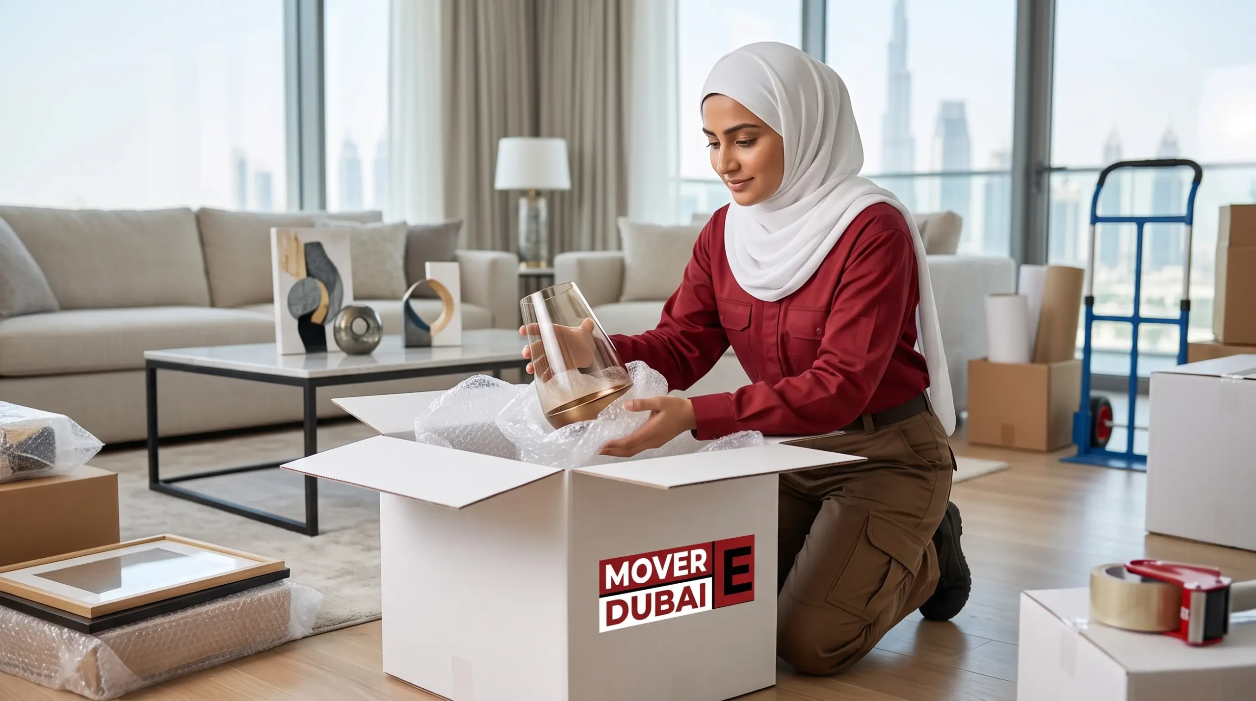 Movers carrying wrapped furniture into a Dubai apartment tower service lift