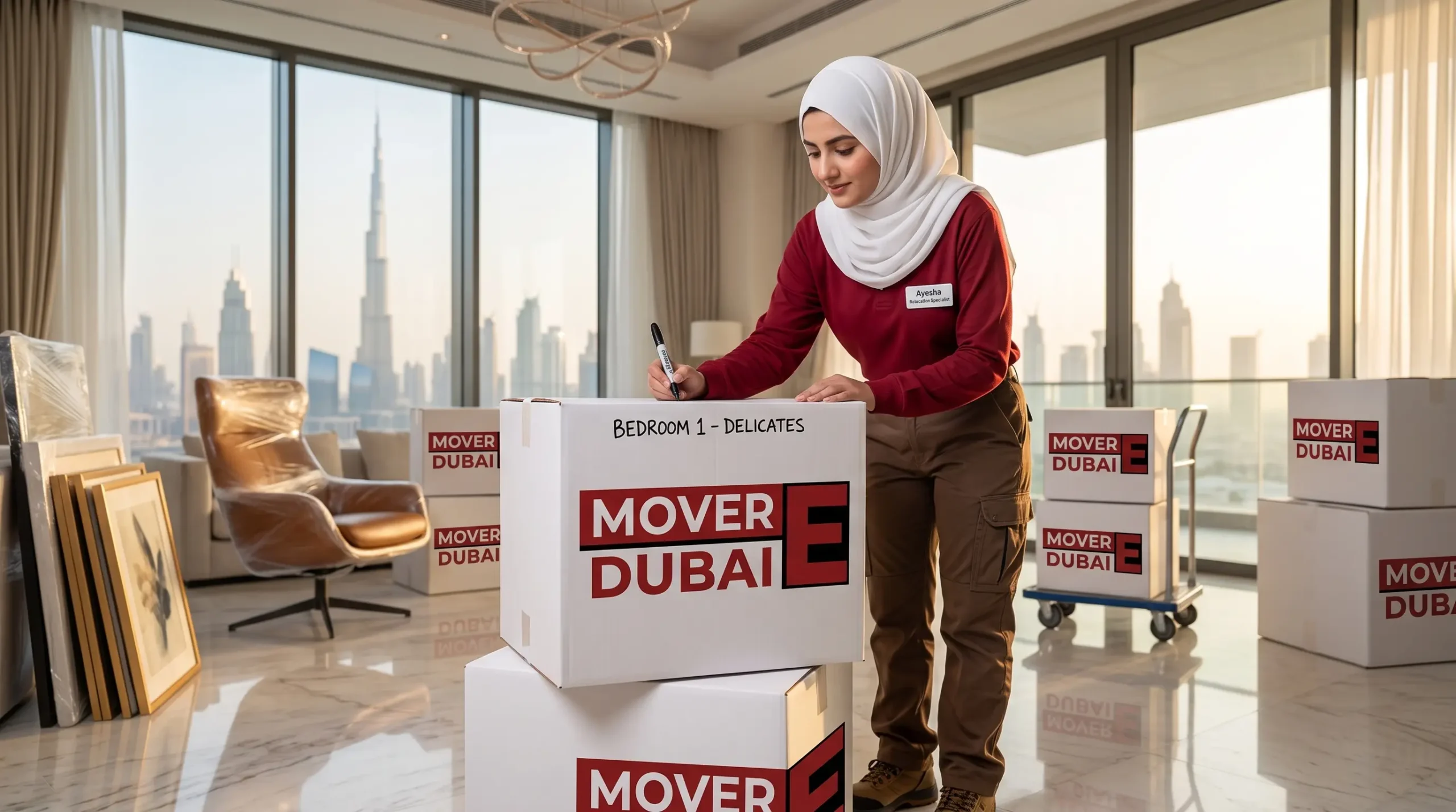 Packed cartons and wrapped furniture ready for a full household move in Dubai