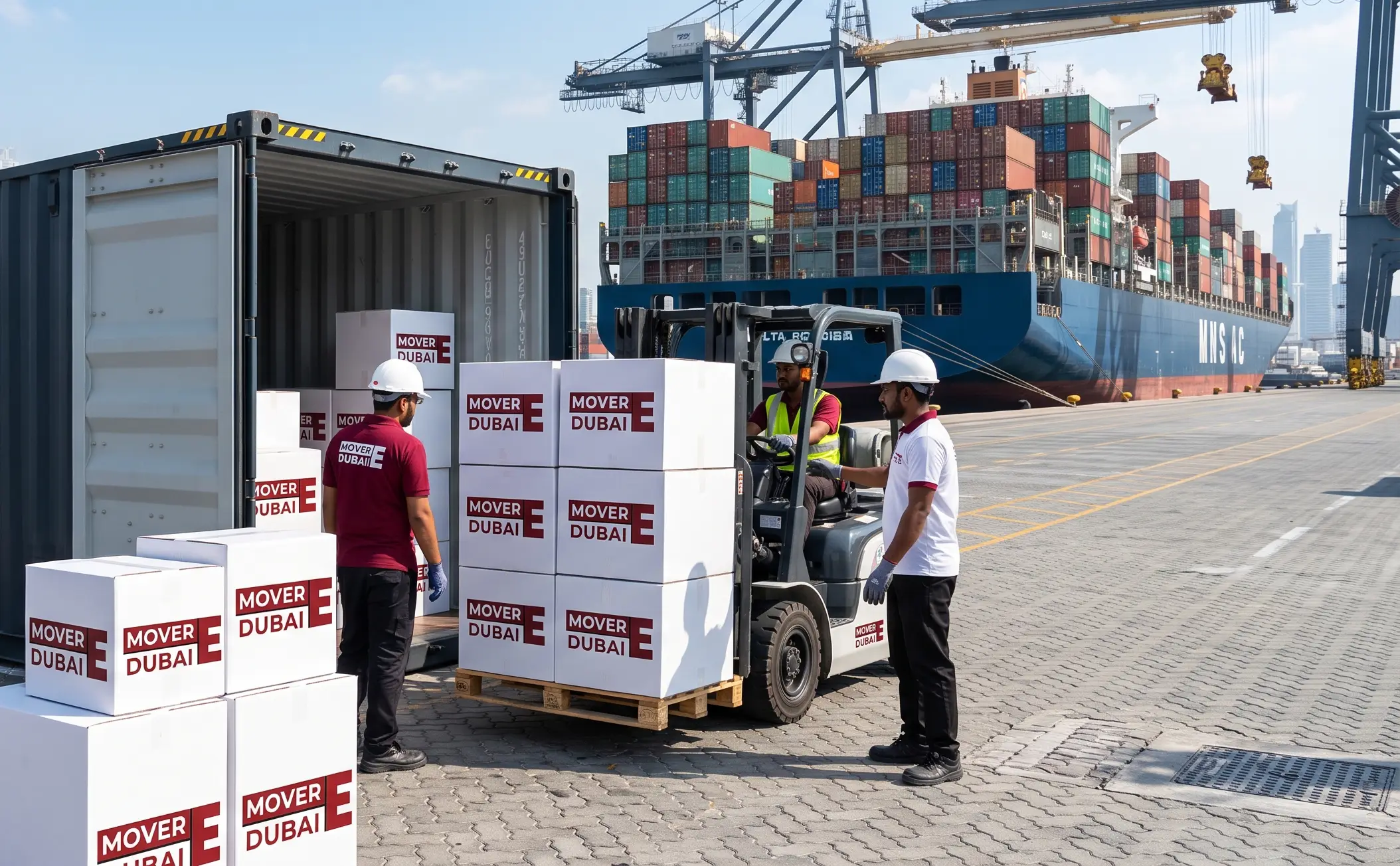 Shipping container being loaded for an international household move at Jebel Ali