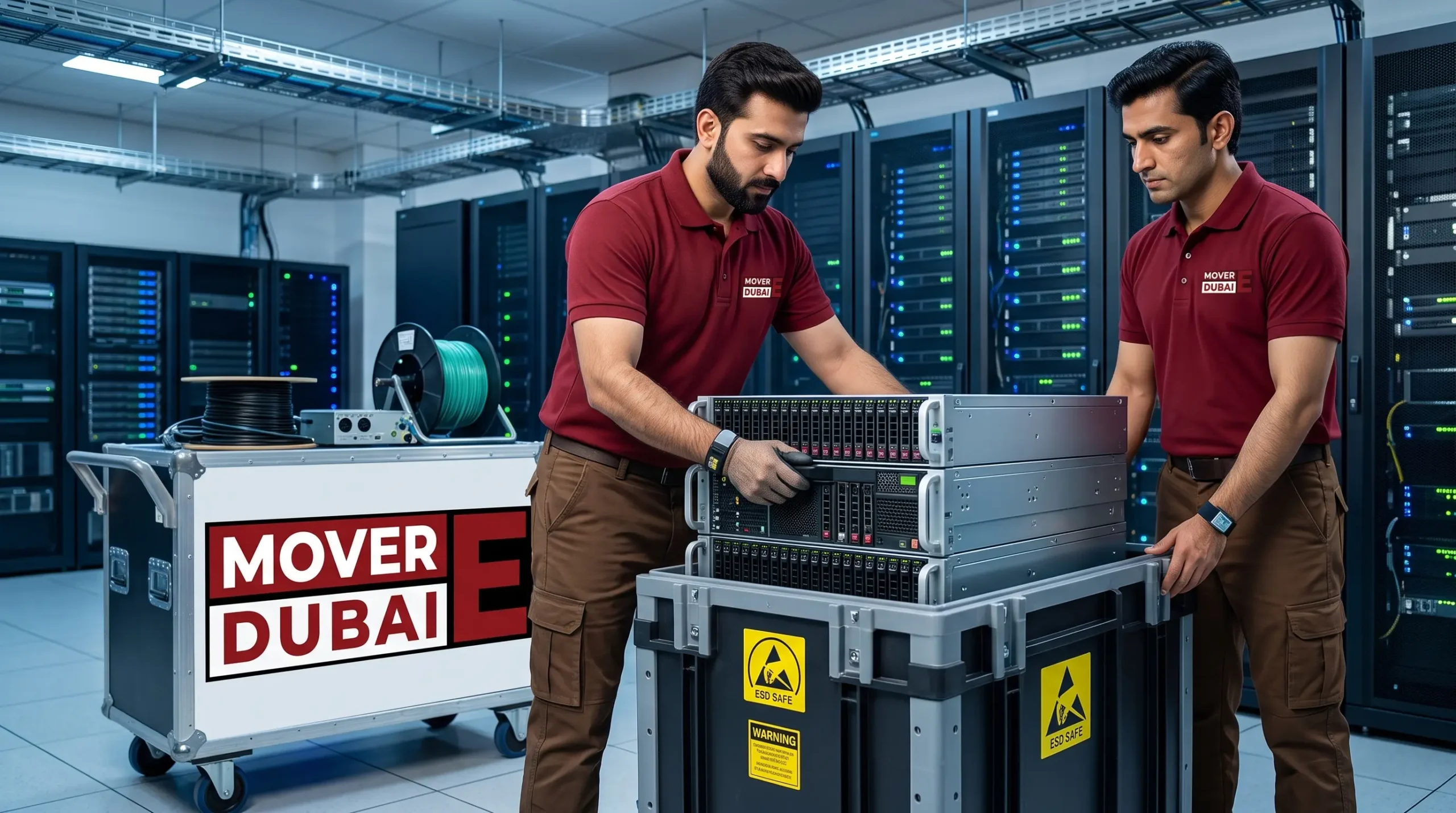 Technician re-racking server equipment after an office relocation in Dubai
