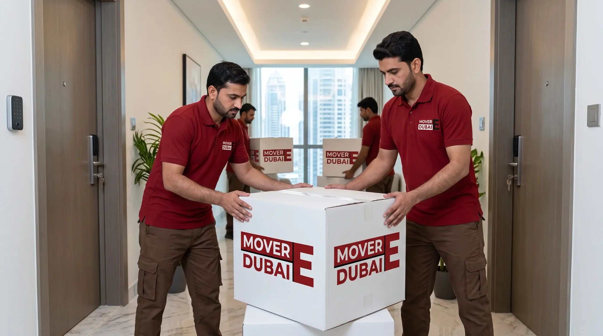 Mover E Dubai crew loading a wrapped sofa into a covered truck in Dubai