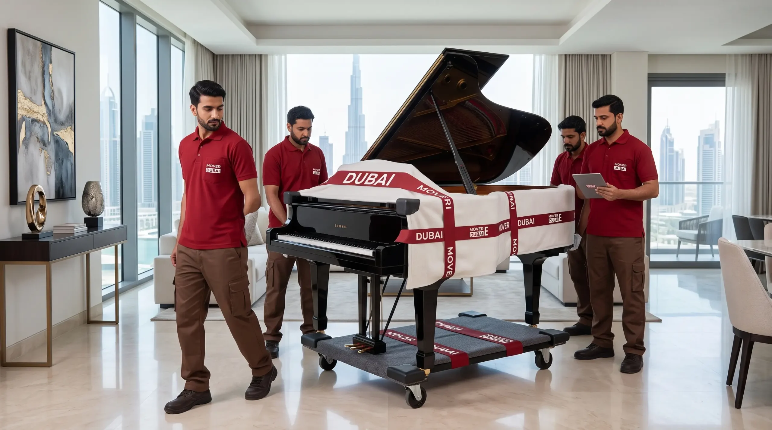 Crew moving a wrapped upright piano on a padded skid board