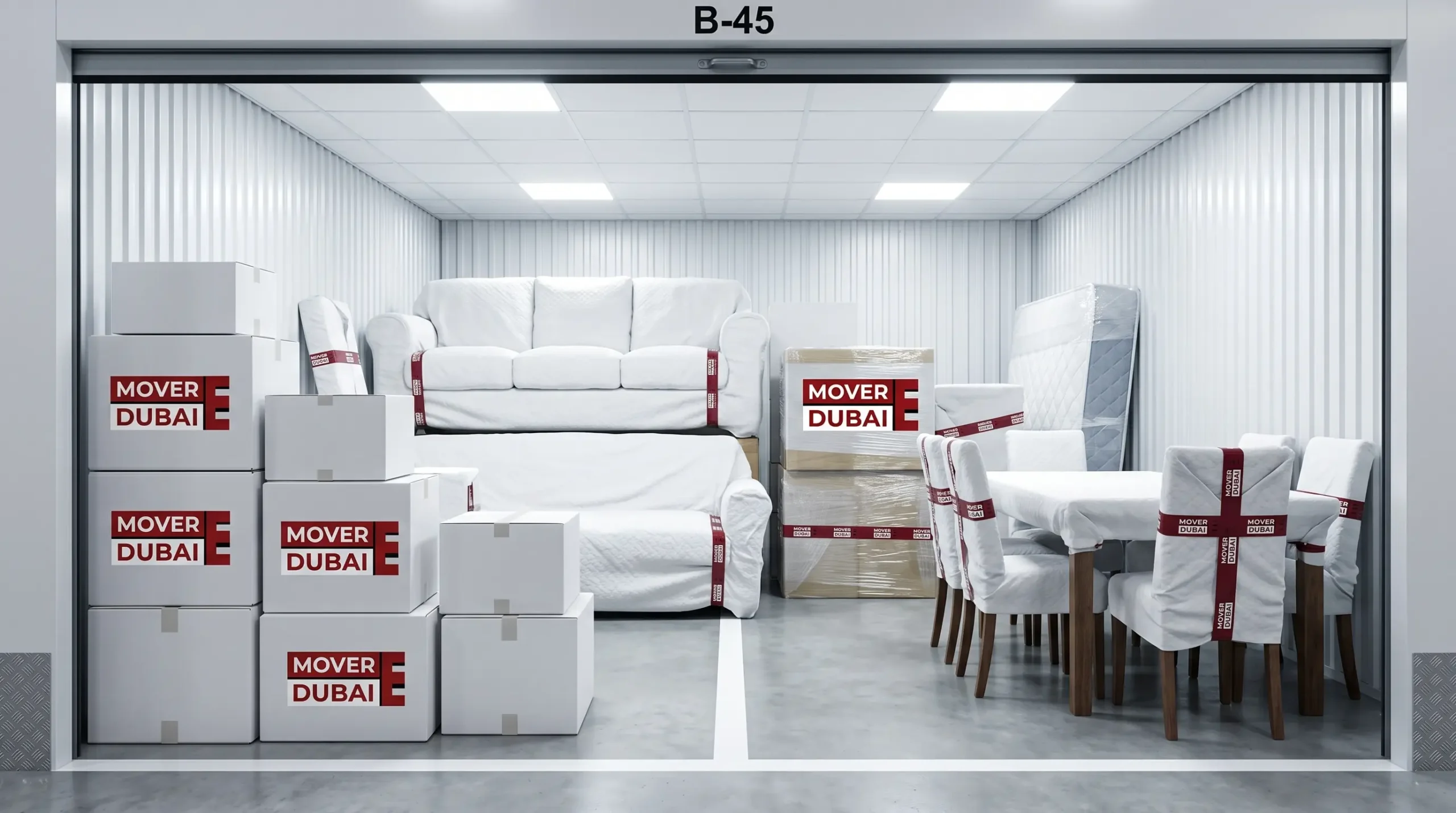 Wrapped and labelled household goods stored on racking in a Dubai warehouse